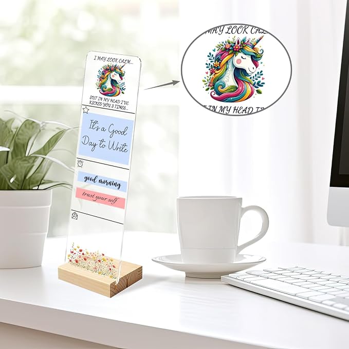 Sticky Note Holder, Monitor Memo Board, Acrylic Post It Note Holder with Wooden Base, Includes 200 Notes, Desk Organizer, Funny Floral Unicorn Quote “I May Look Calm”