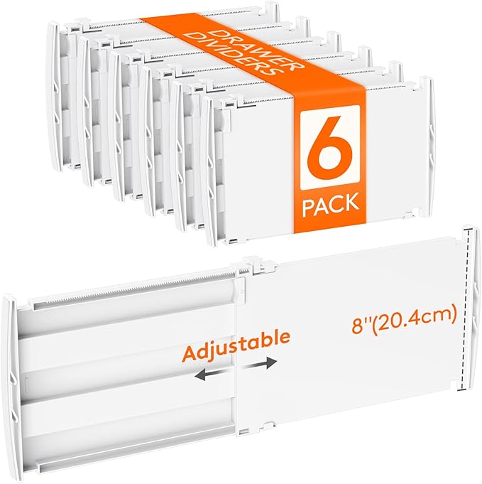Lifewit 8" Tall 6 Pack Drawer Dividers, 35-56.5cm/13.8-22.2" Expandable Drawer Divider for Clothes, Adjustable Dresser Drawer Organizers, Drawers Separators for Dresser/Bathroom/Closet/Kitchen White
