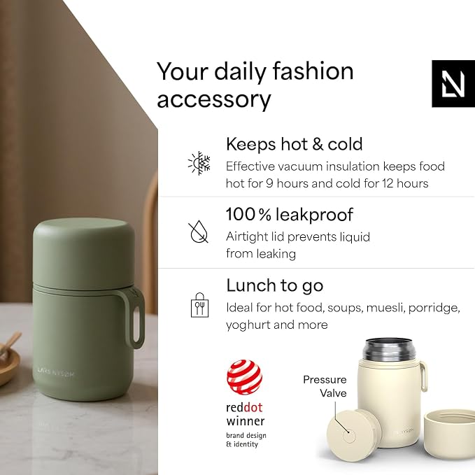 LARS NYSØM Stainless Steel Vacuum Insulated Food Jar - Leakproof Lunch Pot & Lunch Jar for Hot and Cold Food, Wide Mouth, Portable Soup Container for Work & Travel (Almond Beige, 24oz)