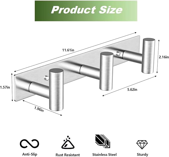 Wall Mounted Coat Rack-3 Hooks, Heavy Duty Stainless Steel Wall Hooks for Towel Coat Bag, Hat Rack Coat Hanger Coat Hooks Towel Racks for Bathroom Entryway Kitchen Office (Silver, 1 Pack)