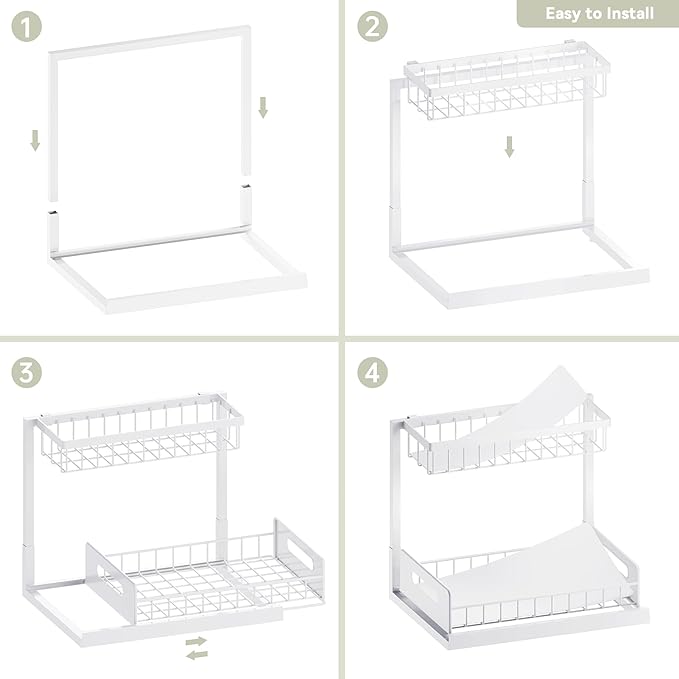 VUSIGN Under Kitchen Sink Organizer 2 Tier, Pull Out Bathroom Sink Organizers and Storage, Cabinet Kitchen Bathroom Storage Organization Shelf, 1 Pack White