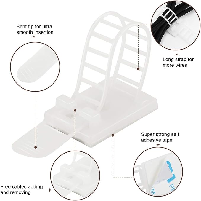 100Pcs Adhesive Cable Management Clips with 50Pcs Zip Ties, Adjustable Nylon Cable Strap Ties Wire Clips Clamps Organizer, Extra Screw & Hole - 3.55 Inch White