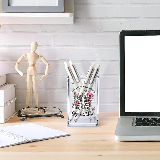 It's Okay Only Breathe Acrylic Cosmetic Pencil Pen Holder Cup, Skeleton Desk Organizer Accessories for Office, Inspirational Gifts for Women Girl Coworker Therapist Teacher Respiratory Doctor