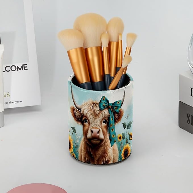 Faux Leather Pen Holder for Desk, Pencil Organizer Highland Cow Sunflower Pen Cup Desk Decor Makeup Brush Holder Storage for Office Home