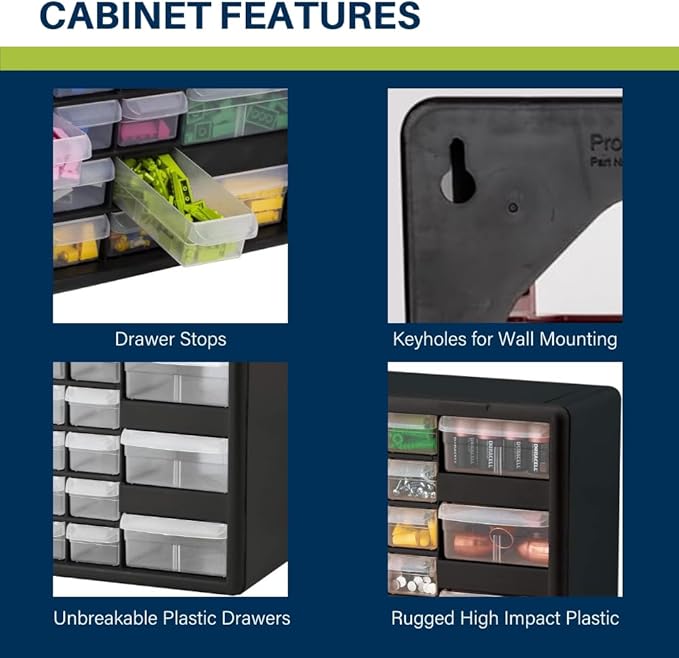 Akro-Mils 26-Drawer Plastic Drawer Storage Cabinet for Garage Organization, Bead Organizer, Building Bricks Storage, Teacher Toolbox, Makeup Organizer, 20-Inch W x 6-Inch D x 10-Inch H, 10126 Black