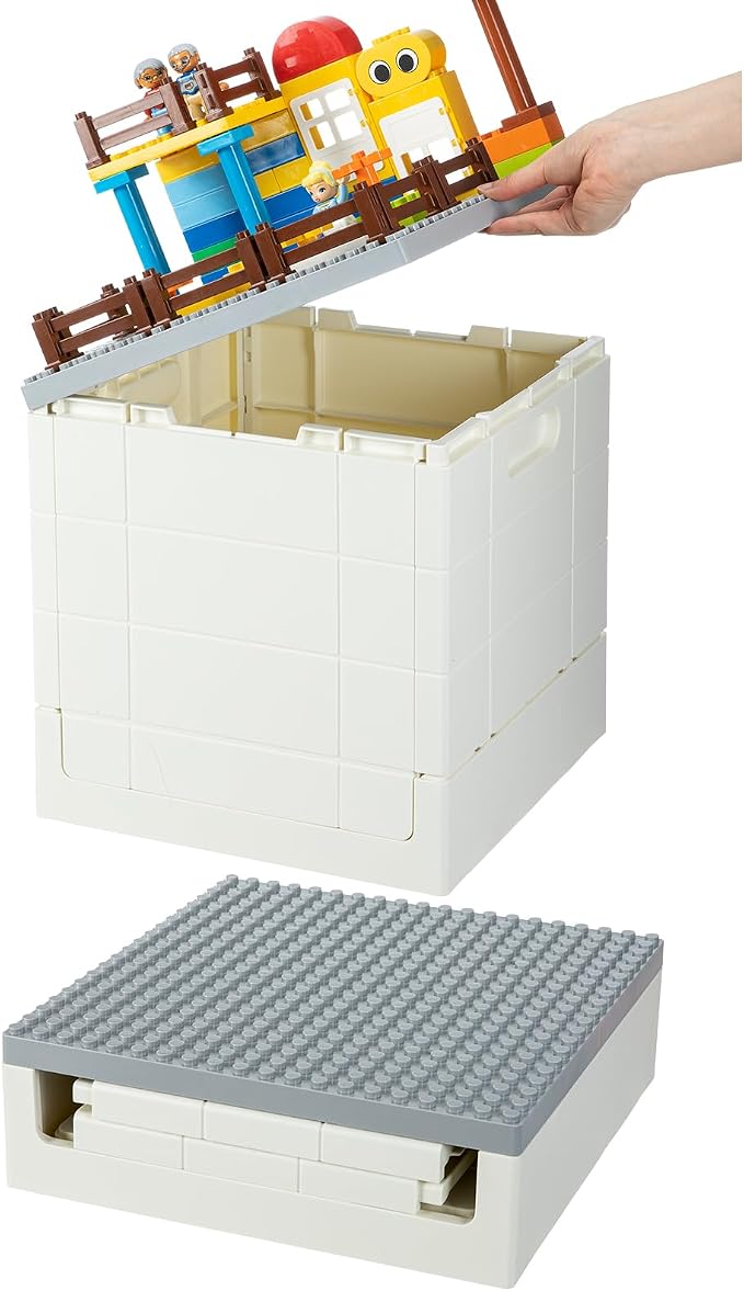 SHIMOYAMA Folding Storage Box with Large Building Lid for Duplo Blocks, 25L Collapsible Storage Bin, 26 Qt. Container (Gray)