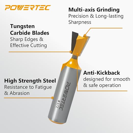 POWERTEC 14 Degree Dovetail Router Bit, 1/2" Shank, 1/2" Cutting Diameter, 1/2" Cutting Length, Tungsten Carbide Tipped Woodworking Router Bits for use on CNC Machine and Router Tool (73052V)