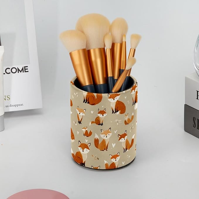 Faux Leather Pen Holder for Desk, Pencil Organizer Cute Fox Pen Cup Desk Decor Makeup Brush Holder Storage for Office Home