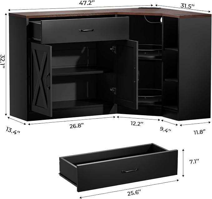 Loomie Corner Cabinet w/Charging Station, Kitchen Pantry Cabinet w/2 Tier Lazy Susan Turntable, Farmhouse Food Pantry w/Drawer & Doors & Adjustable Shelf, L-Shaped Sideboard for Dining Room (Black)