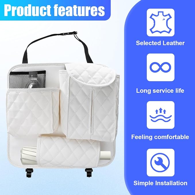 YoRise Leather Car Seat Back Organizer, Multifunctional Hanging Automotive Storage Bag with 2 Hooks, Car Seat Travel Bag for Tissue, Phone, Handbag, Bottle, Umbrella, Snack (White)