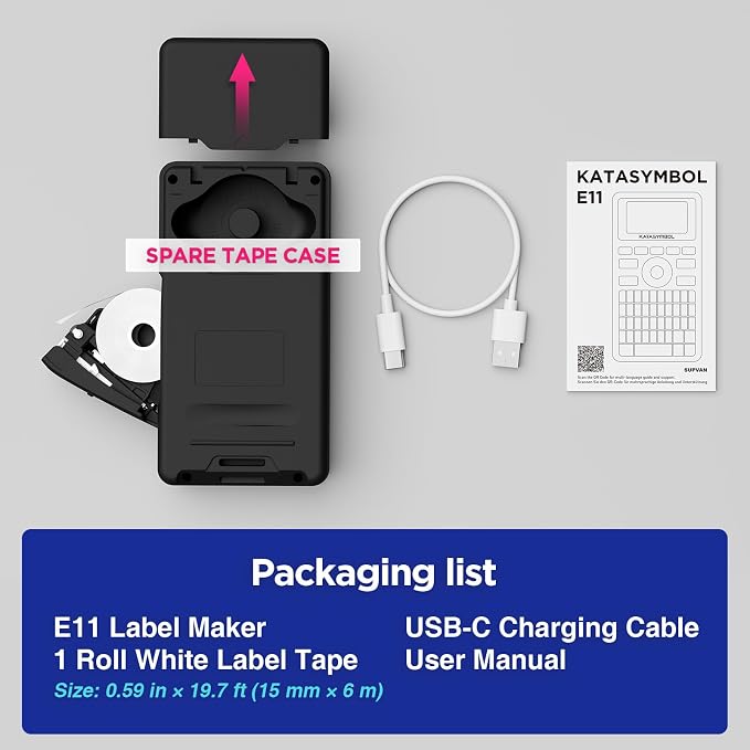 SUPVAN E11 Keyboard & Bluetooth Label Maker Machine with Tape, Black | Rechargeable, Versatile App with 30+ Fonts and 660+ Icons, Minimal Margin, Inkless, for School, Home, Kitchen, Office