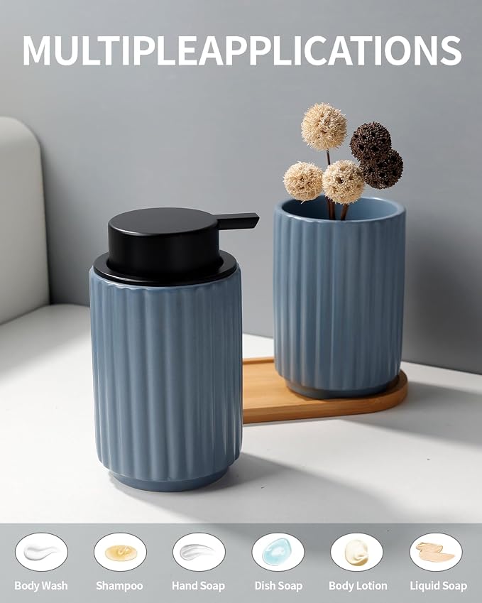 Soap Dispenser, Liquid Ceramic Refillable Hand Soap Pump for Bathroom Kitchen, 10.5OZ Lotion Dispenser Dish Soap Dispenser, Gray Blue, Modern Stripe Design, ANTIS'S HOME