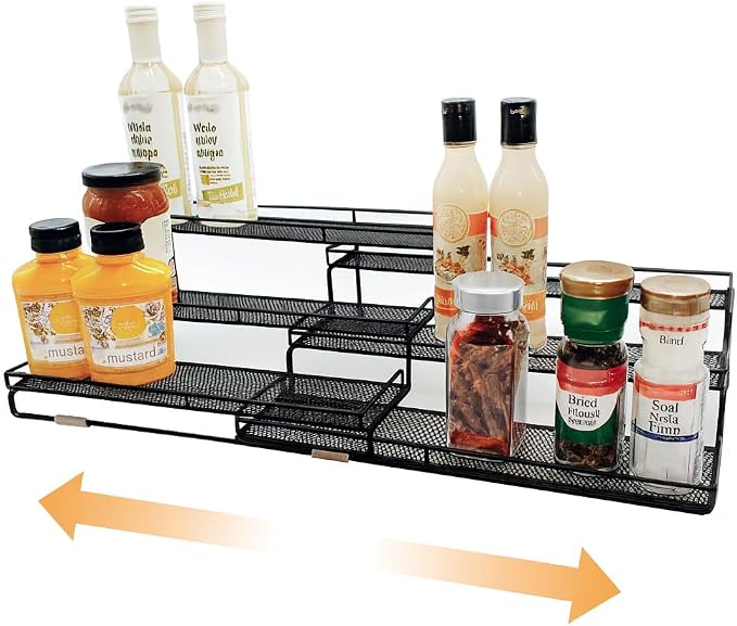 3 Tier Wide Expandable Cabinet Spice Rack Organizer (14.5" to 29.1") - Step Shelf with Protection Railing, Black,Copper (Comfort & Wide)