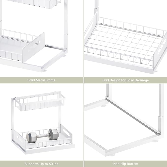 VUSIGN Under Kitchen Sink Organizer 2 Tier, Pull Out Bathroom Sink Organizers and Storage, Cabinet Kitchen Bathroom Storage Organization Shelf, 1 Pack White