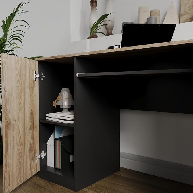 Modern Computer Desk with 3 Drawers & Storage Cabinet – Small Office Desk with Slide-Out Keyboard Tray – Professional Home Office Desk & Small Work Desk for Writing (Pine & Light Gray)