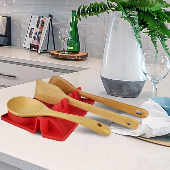 Silicone Utensil Rest with Drip Pad for Stove Top, Large Spoon Holder, Kitchen Utensil Rest (Black)