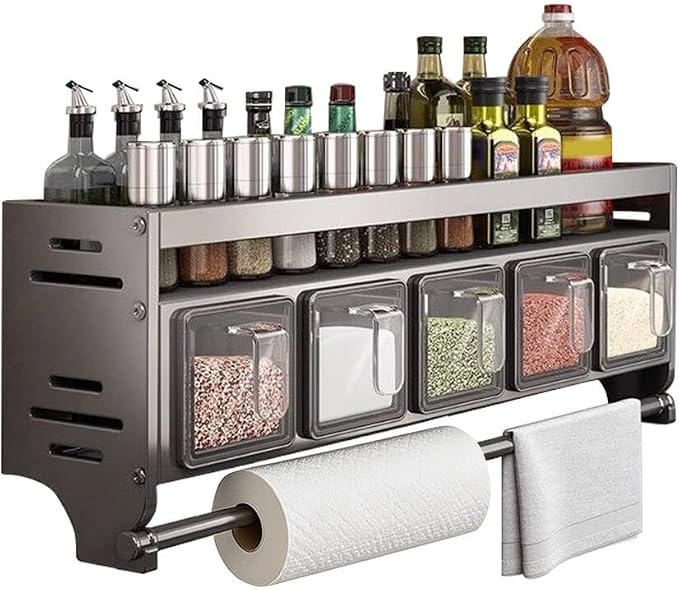 Update Spice Rack Wall Mounted with Hooks and Pole Hanging Seasoning Organizer Shelf Condiment Rack for Kitchen