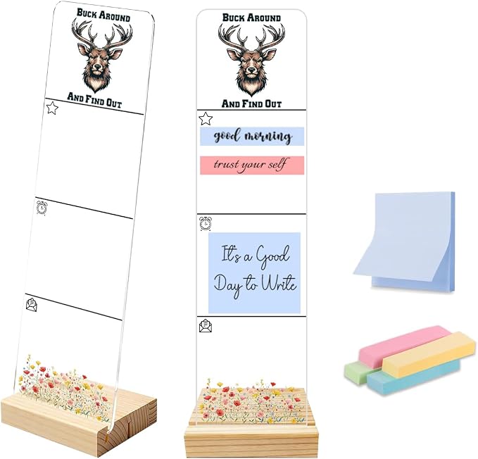 Sticky Note Holder, Monitor Memo Board, Acrylic Post It Note Holder with Wooden Base, Includes 200 Notes, Desk Organizer, Funny Deer Quote “Buck Around and Find Out”