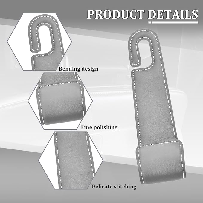 Osilly 2PCS Car Seat Headrest Hook, Leather Stylish Vehicle Backseat Hanger Organizer for Purse Handbag Umbrella, Automotive Seat Back Hanging Storage Holder Hook, Universal for Vehicles (Gray)