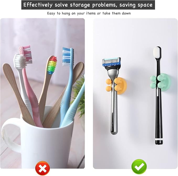 iBetterLife Silicone Toothbrush Shower Holder - 6Pcs Self Adhesive Wall Mounted Single Hook for Hanging Tooth Brushing, Functional Utility Plug Holder for Bathroom Kitchen Living Room Office, Yellow