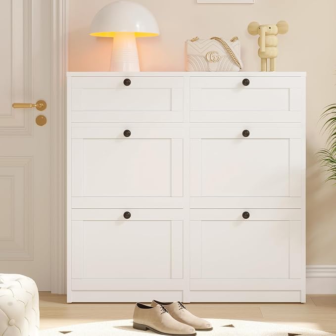 VOWNER Shoe Cabinet with 4 Flip Drawers & 2 Drawers, Freestanding Shoe Storage Cabinet with Adjustable Shelves, Shoe Organizer for Entryway, Hallway, Living Room (White)