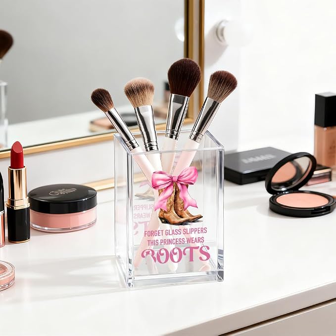 Forget Glass Slippers This Princess Wears Boots Cosmetic Organizer Pen Holder, Funny Cowgirl Vanity Accessories for Girls Daughter, Desk Accessories Makeup Brushes Holder for Women Her Friend