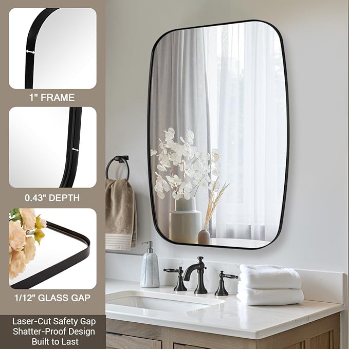 ANDY STAR Black Mirror for Bathroom, 28x36 Inch Stainless Steel Metal Frame Oblong Bathroom Mirror for Vanity, 1’’ Deep Wall Mounted Vertically/Horizontal