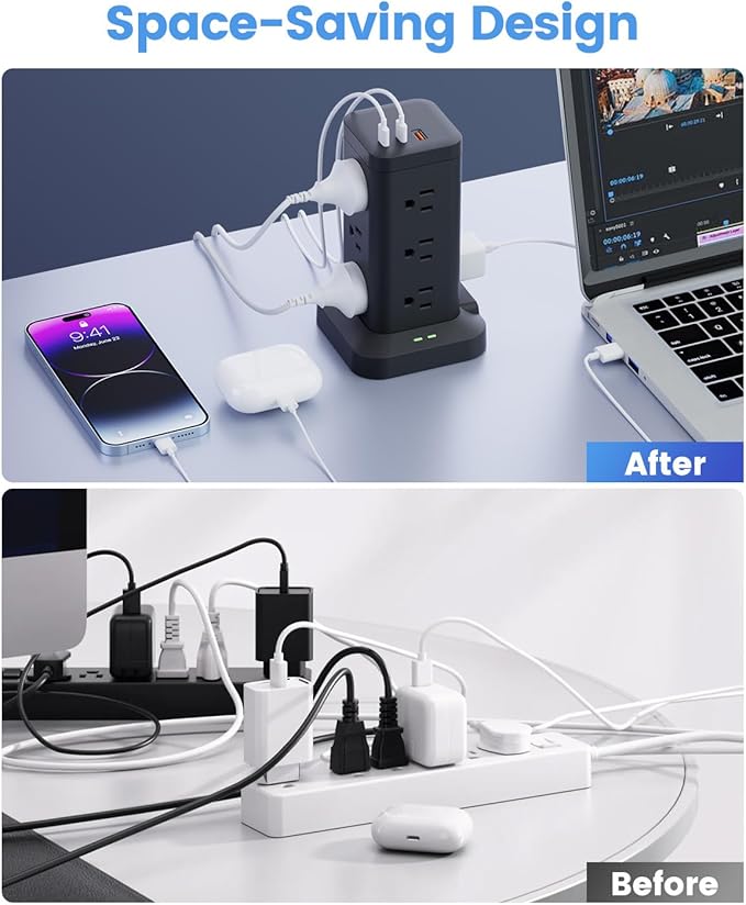 Power Strip Tower with Surge Protector 1800J, Fast Charging Tower PD20W USB-C Ports with 12 AC Outlets, Extension Cord for Home Office Dorm Room, 10ft, Black