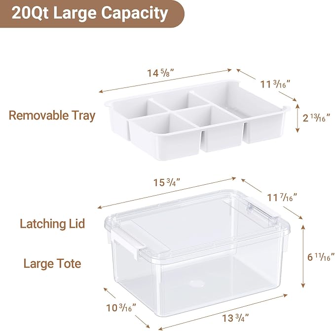 20Qt Stackable Storage Bin with Lid & Tray, Clear Plastic Latching Box Organizer with Divider Portable 5Gal Container for Arts & Crafts, Home and Car Trunk Organization, 1Pack