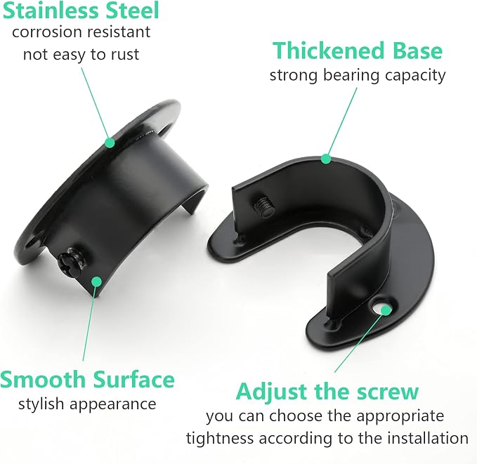 Closet Rod End Supports, 1 Inch, Black, 8 Packs | Stainless Steel, Heavy Duty, U-Shaped with Screws, Wardrobe Bracket Pole Sockets