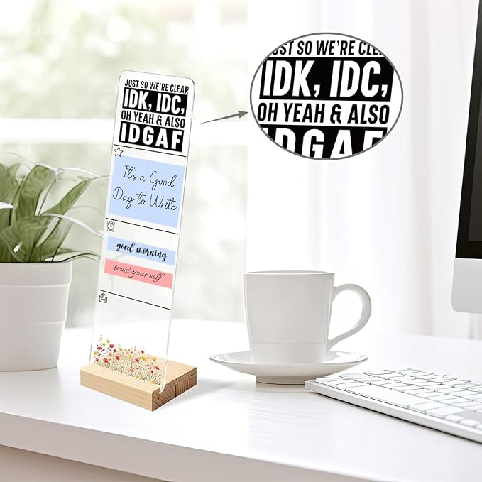 Sticky Note Holder, Monitor Memo Board, Acrylic Post It Note Holder with Wooden Base, Includes 200 Notes, Desk Organizer Funny IDGAF Quote