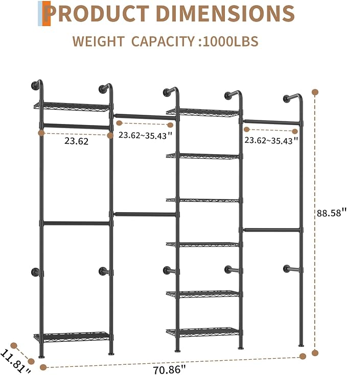 Garvee L4 Wall Mounted Pipe Closet System, Matte Black | Carbon Steel, Expandable Rods 23.62-35.43 in, 8 Wire Shelves, Closet Storage
