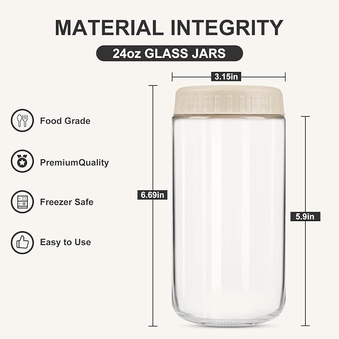 SHOWIN Overnight Oats Containers with Lids, 24oz Glass Jars with Lids 4 pcs, Apricot, Wide Mouth Mason jars for Salad, Yogurt, Snacks, Meal Prep