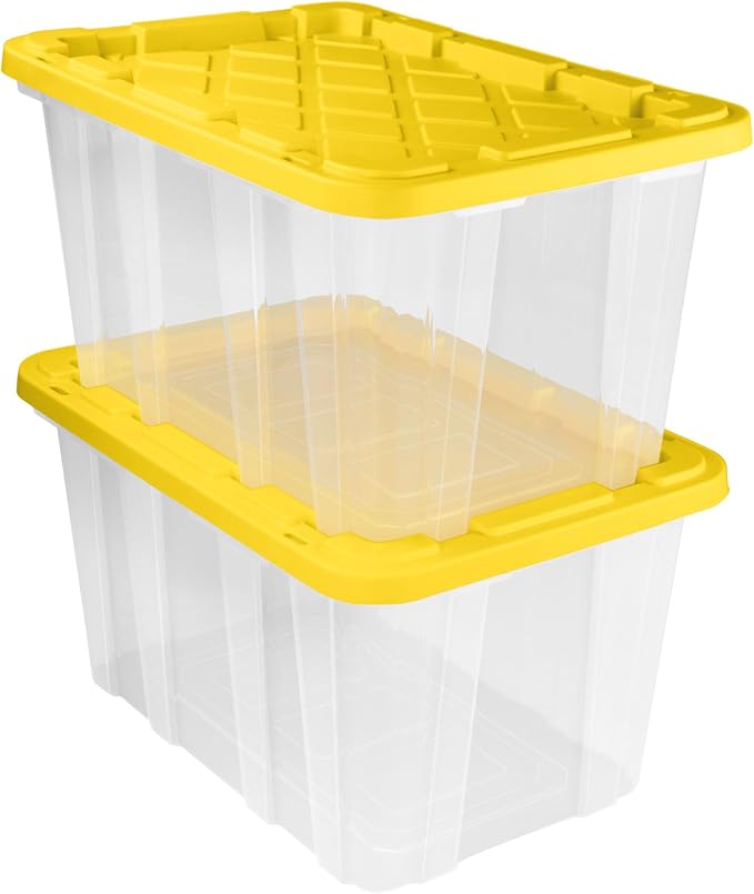 Sterilite 8-Pack 27 Gallon Industrial Tote, Clear Plastic Storage Container Bins with Yellow Lids - Heavy-Duty Organizing Containers for Closet, Bathroom, and Office