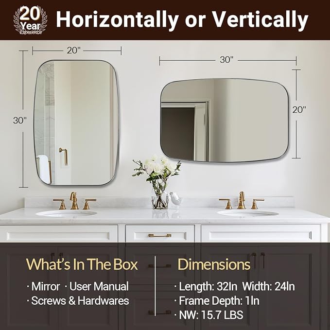 ANDY STAR 22x30 Chrome Bathroom Mirror, Oblong Silver Mirror with Stainless Steel Metal Frame, Oval Vanity Mirror for Over Sink, Modern Anti Rust Wall Mounted