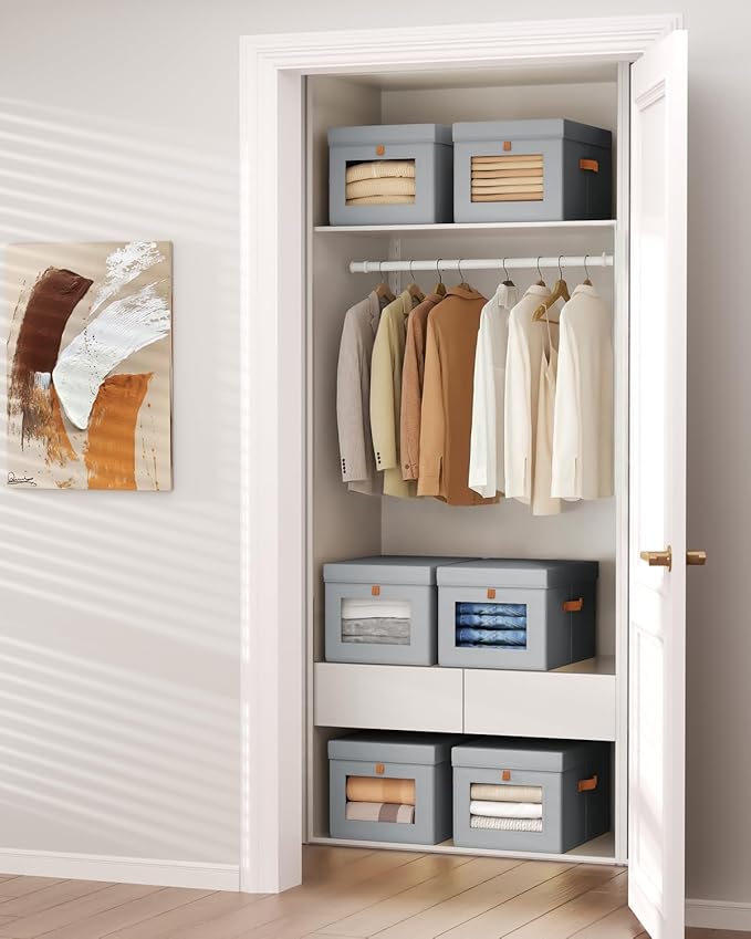 Homsorout Storage Bins with Lid – Closet Organizer with Side Opening and Clear Window, Foldable Stackable Fabric Basket for Clothes, Home, Office - 13.77" x 11.8" x 9.8", 3 Pack, Grey