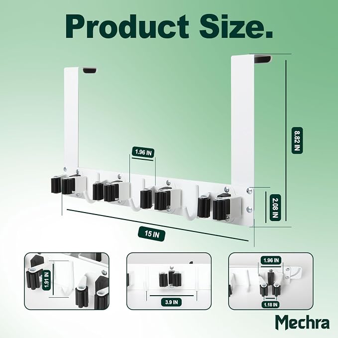 Over The Door Broom and Mop Holder, Heavy Duty Stainless Steel Organizer with 4 Slots and 3 Hooks, No Drilling Space Saving Tool Hanger for Kitchen, Laundry Room, Closet, and Garage - White