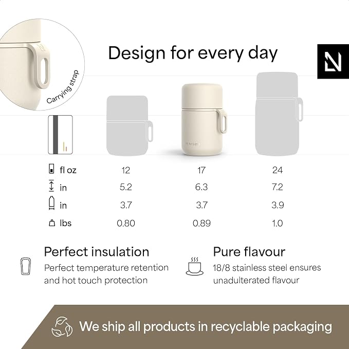 LARS NYSØM Stainless Steel Vacuum Insulated Food Jar - Leakproof Lunch Pot & Lunch Jar for Hot and Cold Food, Wide Mouth, Portable Soup Container for Work & Travel (Cream Beige, 17oz)