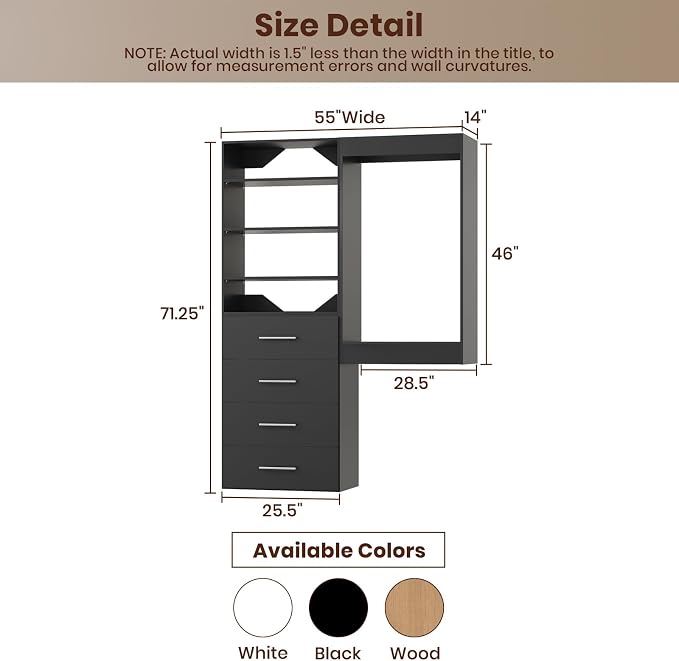 ROOMTEC Modular Closet System, 55" Wall-Mounted Closet Organizer with Drawers and Hanging Rods, Wooden Tower for Walk-In Closets, Wardrobe Storage Kit, Black