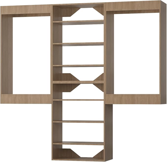 ROOMTEC Modular Closet System, 84" Wall-Mounted Closet Organizer with Hanging Rods and Shelves, Wooden Tower for Walk-In Closets, Wardrobe Storage Kit, Wood