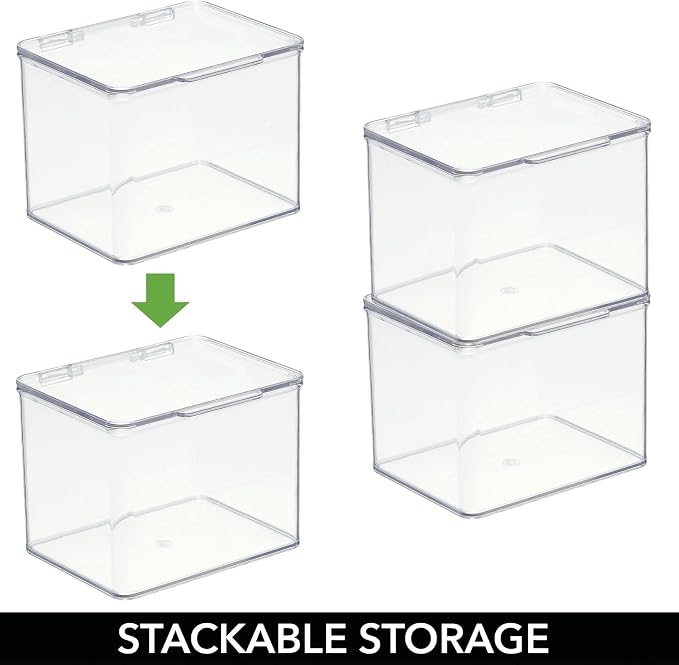 mDesign Small Plastic Home Office Storage Organizer Box Containers with Hinged Lid for Desktops - Holds Pens, Pencils, Sticky Notes, Highlighters, Staples, and Supplies - Clear