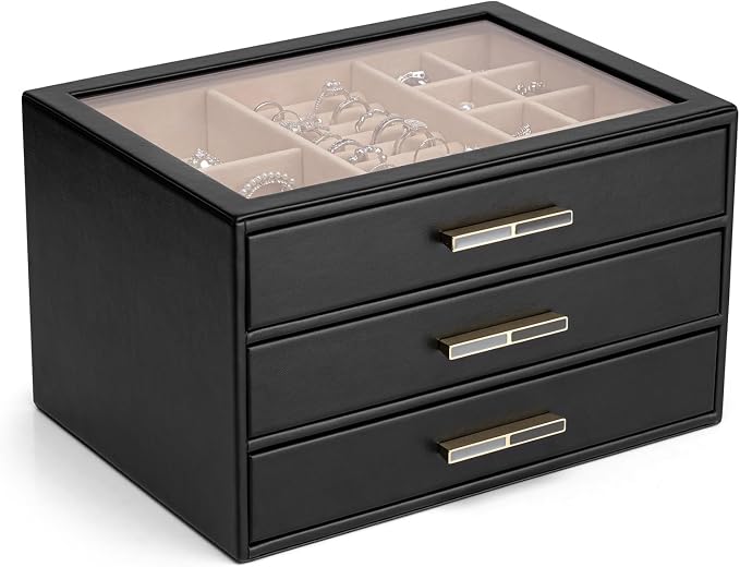 VLANDO 3-Drawer Jewelry Box with Glass Lid, Faux Leather Organizer for Rings Earrings Necklaces and More, Gift-Ready Jewelry Case for Women Girls or Moms, Black