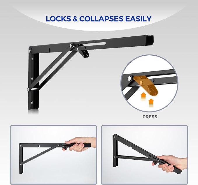 Ravinte Matte Black Folding Shelf Brackets, 20 Inch, 2 Pack | Collapsible Bracket Design, Table And Bench Support, Space-Saving Shelf Setup, For Worktops, Laundry Rooms, Garage Projects