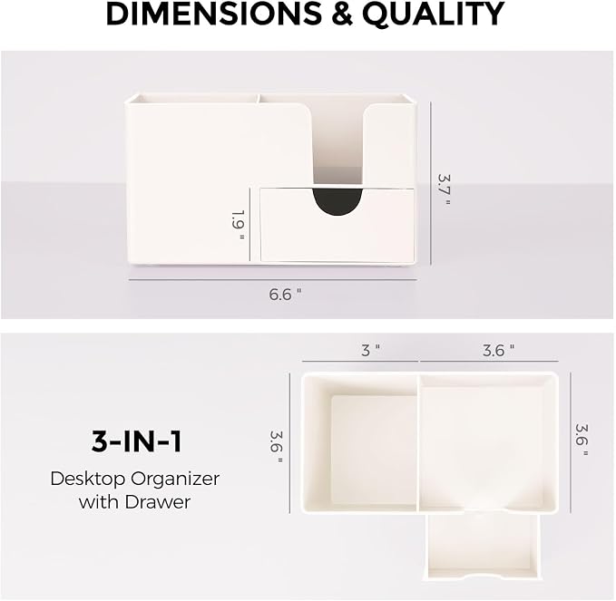 SKYDUE Small Desk Organizer with Drawer | 3 Compartments, Pen Holder for Desk, For Home, School, Office & College Dorm Room