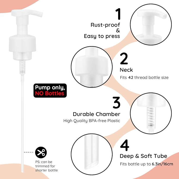 Segbeauty 3pcs White Foaming Hand Soap Pump Replacement, Countertop Foam Soap Dispenser Pump Heads, Foaming Dispenser Pumps for Bathroom Shampoo Bottle, 42 Thread Size Face Wash Bottle Replace Caps