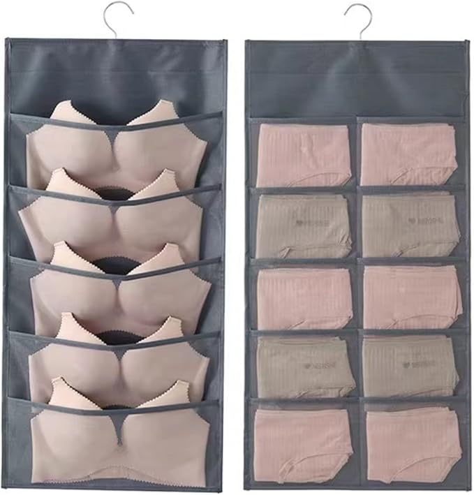 Bra and Underwear Hanging Storage Organizer Mesh Pockets Dual Sided Wall Shelves Space Saver Bag Sock Underpants Drawer Closet Clothes Rack (Gray:(5+10pockets))