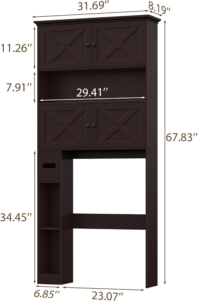 Halitaa Over The Toilet Storage Cabinet with Doors & Paper Holder, Espresso | Halitaa Farmhouse Toilet Shelf Home Space Saver with 4 Barn Doors & Toilet Paper Holder Stand for Restroom, Bathroom, Laundry