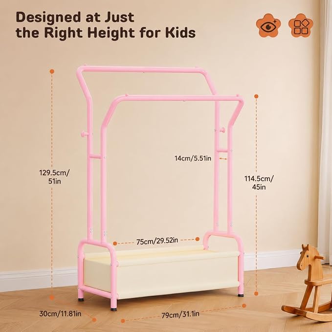 Kids Clothing Rack with Double Hanging Rods and Storage Basket | Child-Height Dress Up Storage for Toddler, Open Kids Closet for Baby Clothes, Costumes, Shoes and Toy, Bedroom Nursery