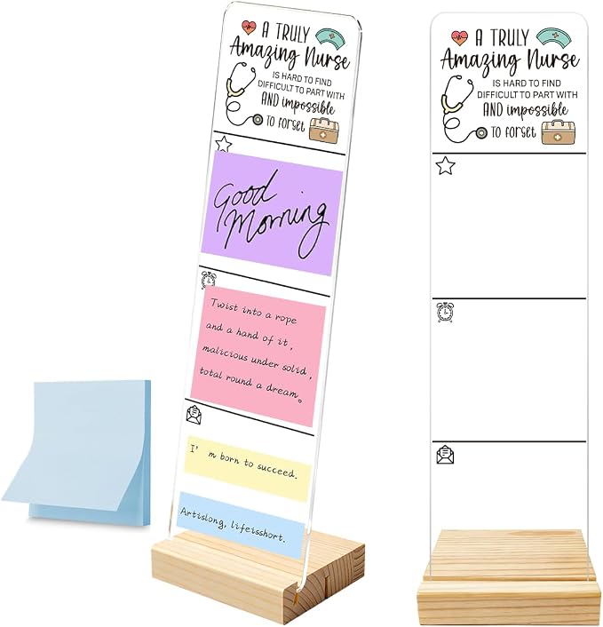 Sticky Note Holder, Monitor Memo Board, Acrylic Post It Note Holder with Wooden Base, Includes 100 Notes, Nurse Thank You Desk Organizer, Quote “A Truly Amazing Nurse is Hard to Find”