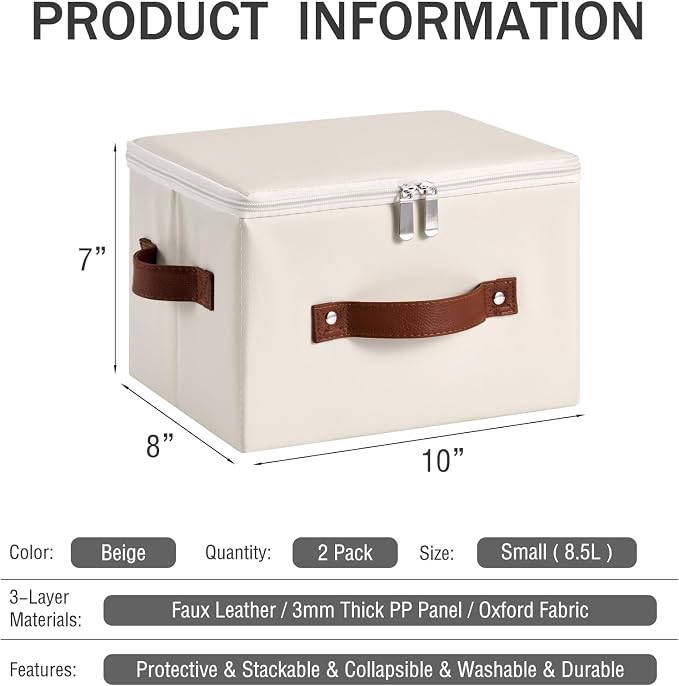 2PCS Storage Bins with Zippered Lid Decorative PU Leather Boxes | Foldable Washable Stackable Basket Container, Lidded Shelf Closet Organizer, with Handles & PP Plastic Boards, Beige-Small